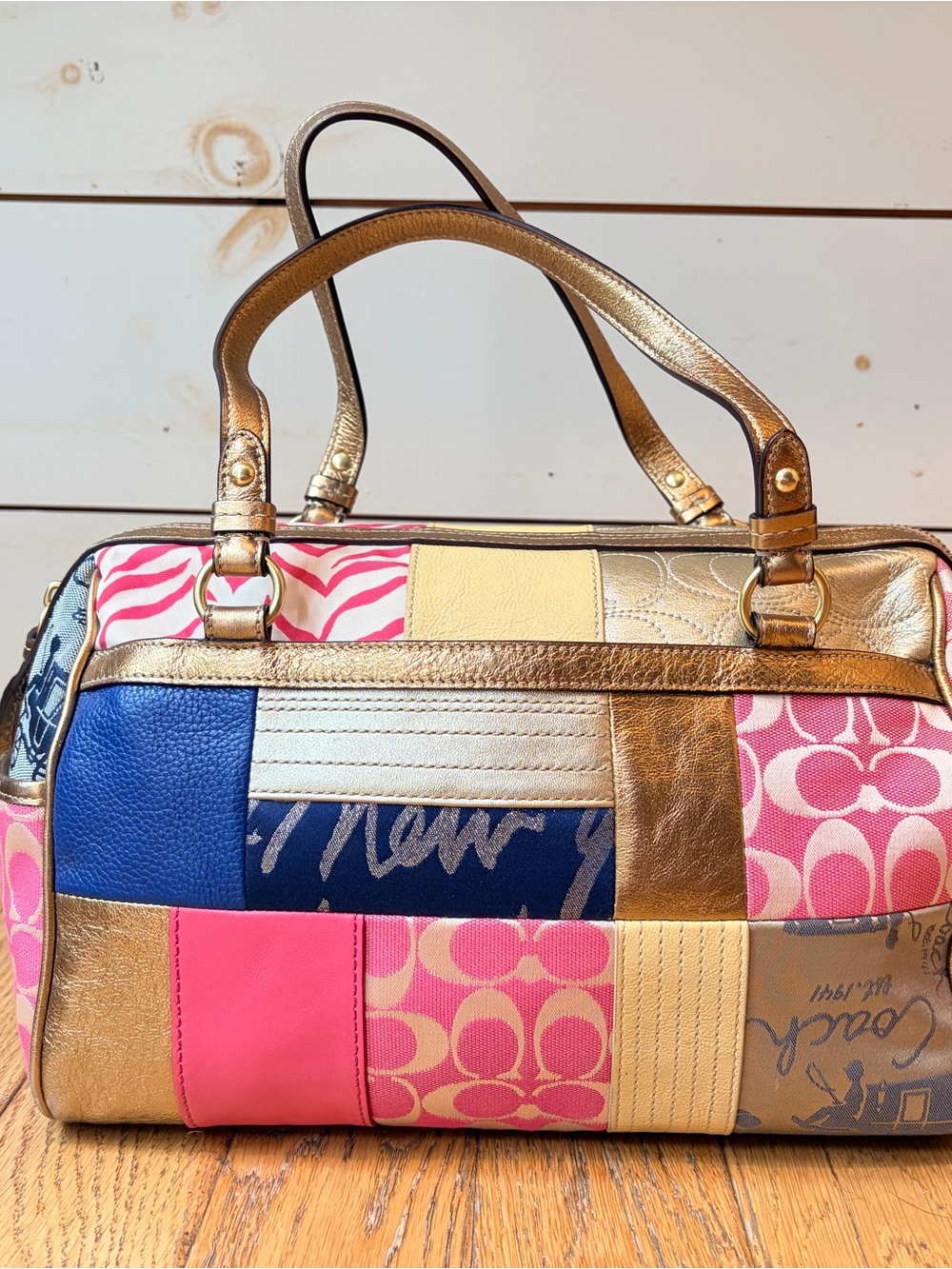 VTG Coach Metallic Gold Patchwork Bowler Satchel Bag F17164 – Like New!
